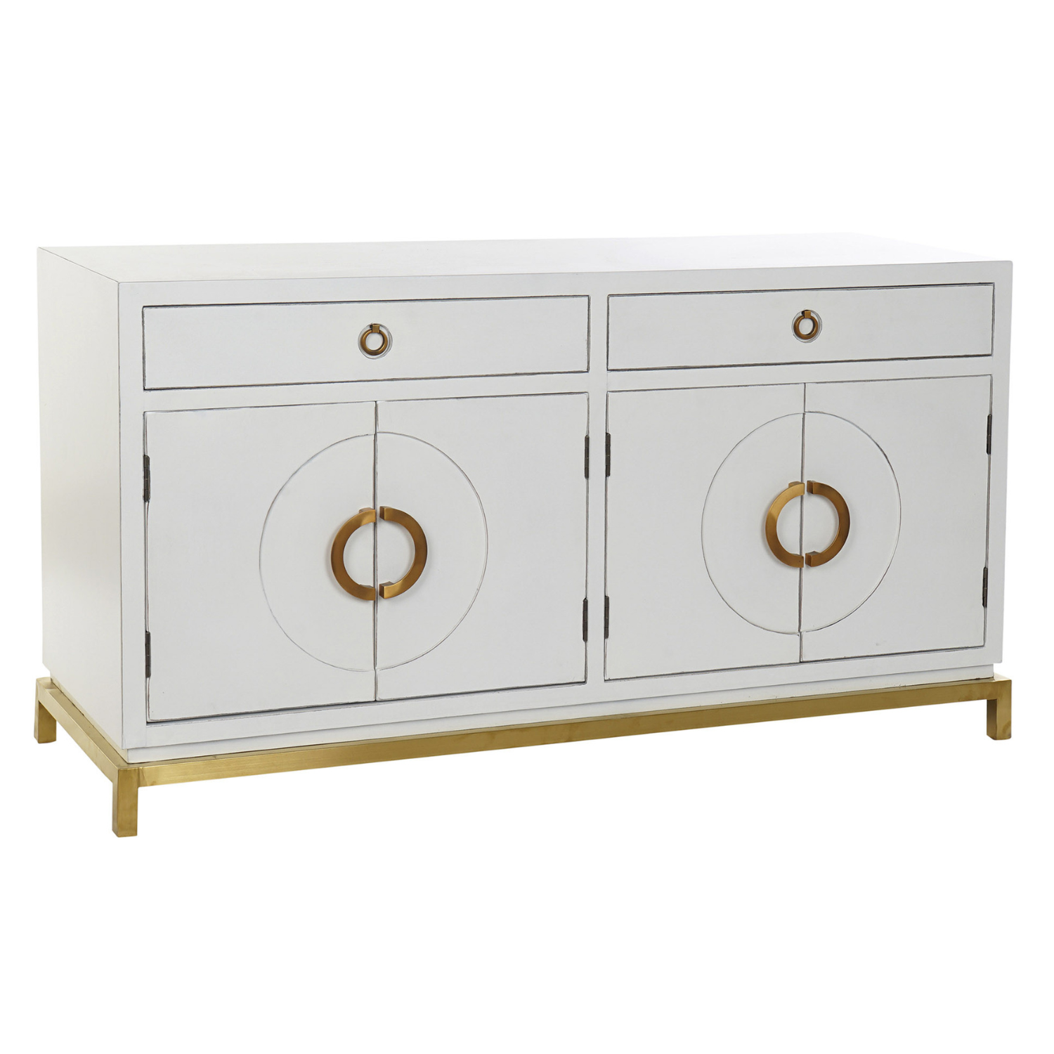 Este elegante buffet de estilo oriental combina la belleza natural de la madera de álamo con la solidez del metal, creando un mueble sofisticado y funcional. Su diseño destaca por el lacado blanco luminoso y los detalles en metal dorado, que aportan un toque de elegancia y luminosidad a cualquier espacio. Con dos cajones superiores y cuatro puertas con elegantes tiradores circulares, ofrece un amplio espacio de almacenamiento para vajilla, mantelería u otros objetos. Ideal para comedores, salones o recibido