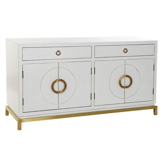 Este elegante buffet de estilo oriental combina la belleza natural de la madera de álamo con la solidez del metal, creando un mueble sofisticado y funcional. Su diseño destaca por el lacado blanco luminoso y los detalles en metal dorado, que aportan un toque de elegancia y luminosidad a cualquier espacio. Con dos cajones superiores y cuatro puertas con elegantes tiradores circulares, ofrece un amplio espacio de almacenamiento para vajilla, mantelería u otros objetos. Ideal para comedores, salones o recibido