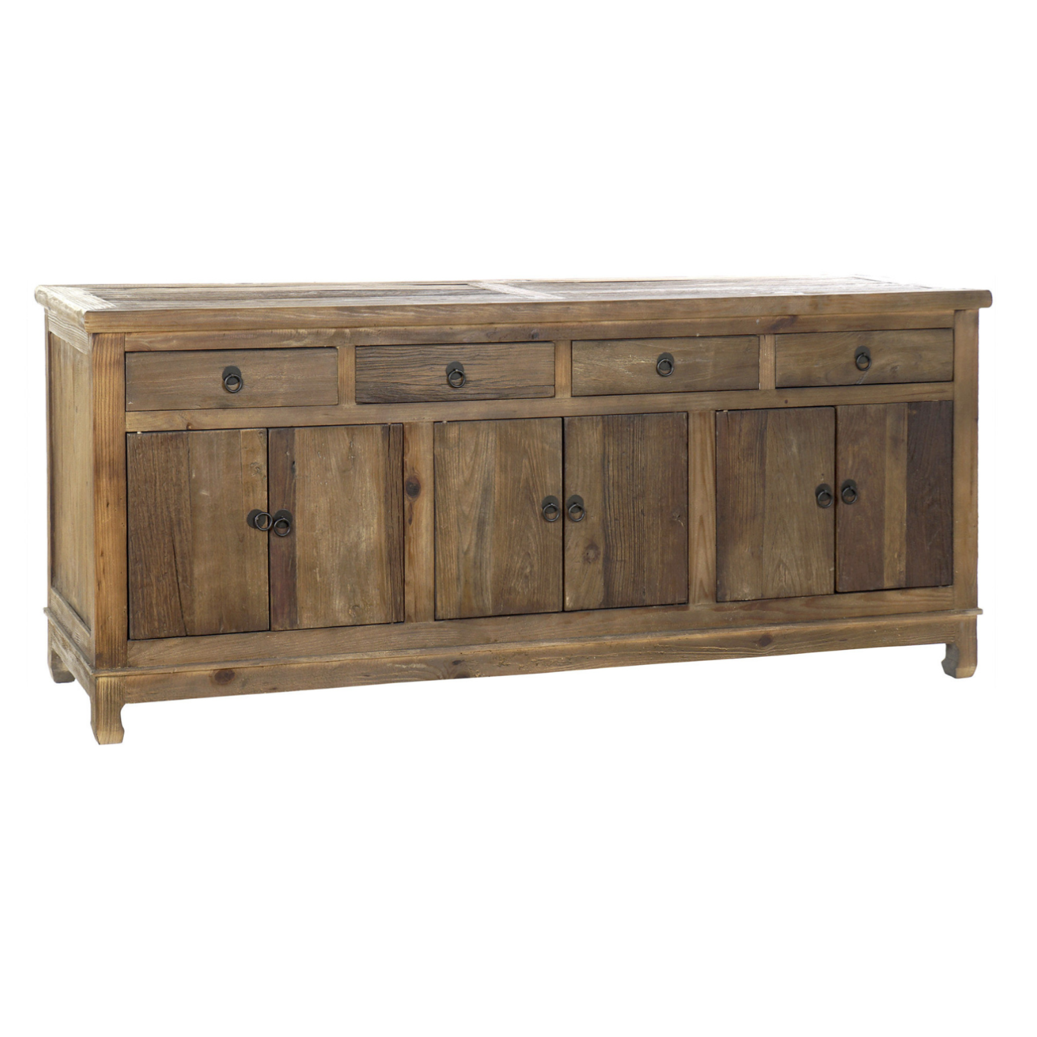 Este imponente buffet de olmo aporta un toque de elegancia rústica y atemporal a tu hogar. Su acabado envejecido marrón resalta la belleza natural de la madera, mientras que su diseño de líneas limpias y detalles orientales le confieren un carácter único. Con cuatro puertas y cinco cajones, ofrece un amplio espacio de almacenamiento para vajilla, mantelería u otros objetos. Ideal para comedores, salones o recibidores, este buffet se convertirá en una pieza central de tu decoración.