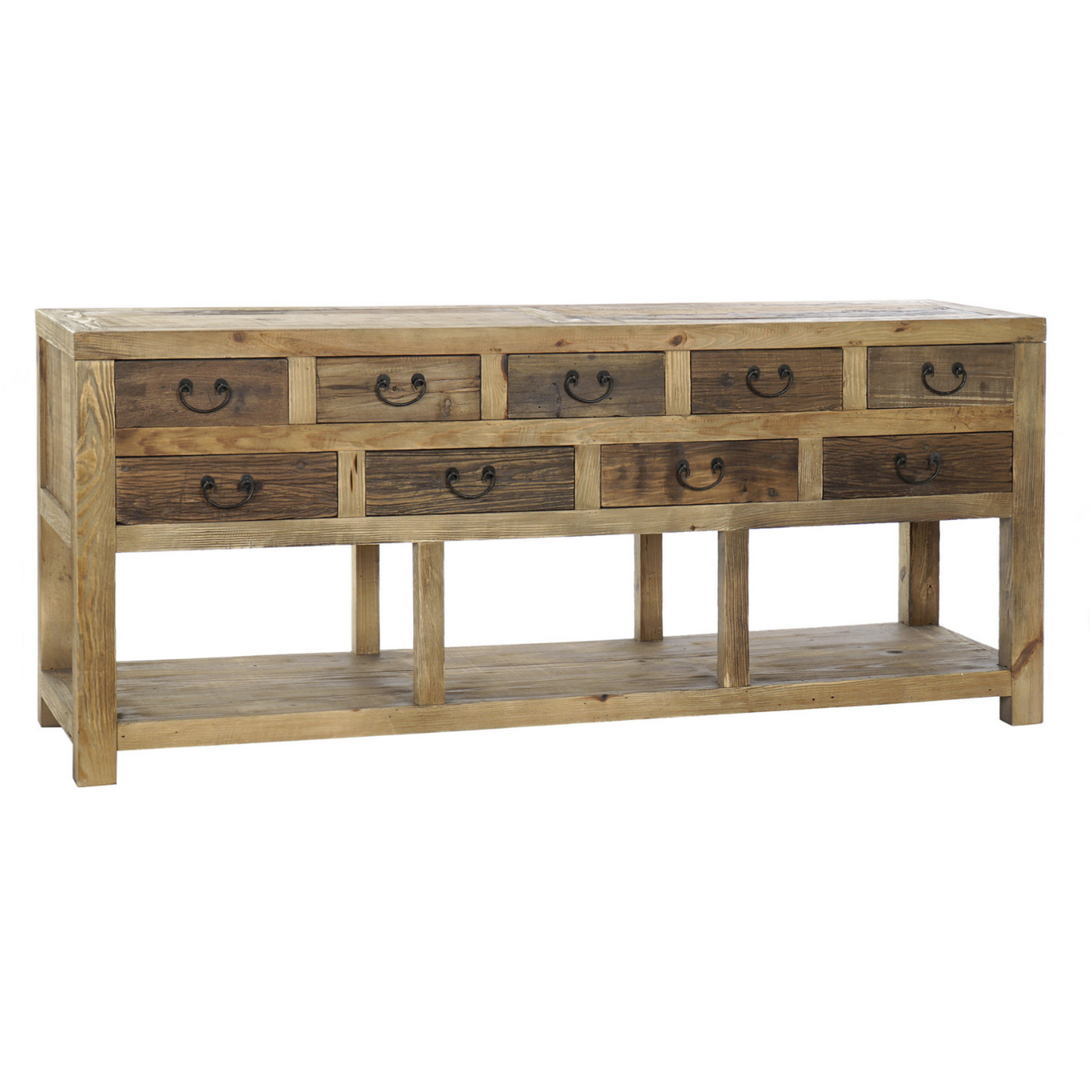 Este encantador buffet de pino envejecido aporta un toque de calidez y carácter rústico a cualquier espacio. Con sus generosas dimensiones (190x45x80 cm), ofrece un amplio espacio de almacenamiento en sus ocho cajones superiores y un estante inferior abierto. Su acabado envejecido marrón resalta la belleza natural de la madera de pino, creando una pieza única y llena de historia. Ideal para comedores, salones o recibidores, este buffet añadirá un toque de encanto rústico a tu hogar.

