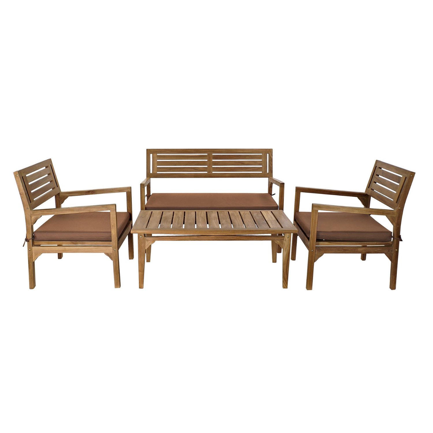 Transforma tu espacio al aire libre en un refugio de confort y estilo con este conjunto de sofá de 4 piezas fabricado en madera de teca de alta calidad. Su diseño atemporal y elegante se integra a la perfección en cualquier ambiente exterior. El conjunto incluye un sofá de dos plazas, dos sillones individuales y una mesa de centro, todos con cómodos cojines de algodón para un relax absoluto. La madera de teca, conocida por su durabilidad y resistencia a la intemperie, garantiza que este conjunto te acompaña