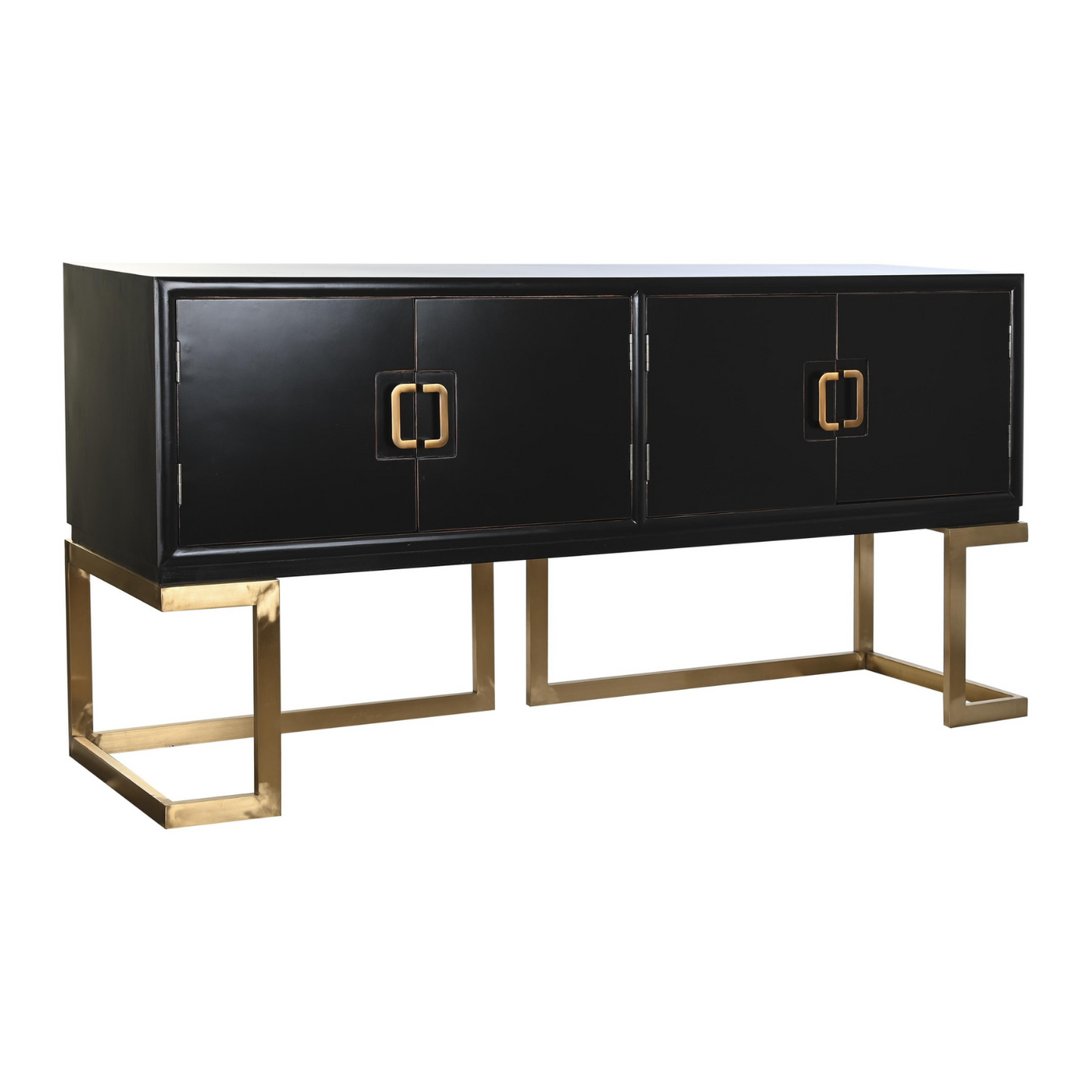 Este imponente buffet de estilo oriental combina la elegancia de la madera de álamo con la solidez del metal, creando un mueble de gran presencia y funcionalidad. Su diseño destaca por el lacado negro intenso y los detalles en metal dorado, que aportan un toque de lujo y sofisticación a cualquier espacio. Con cuatro puertas simétricas y elegantes tiradores, ofrece un amplio espacio de almacenamiento para vajilla, mantelería u otros objetos. Ideal para comedores, salones o recibidores, este buffet se convert