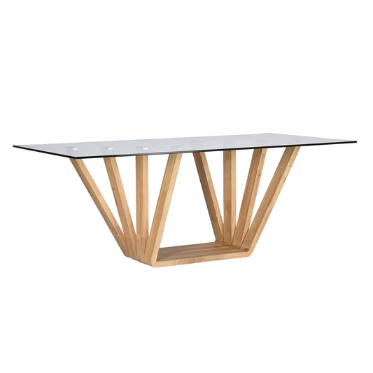 Esta impresionante mesa de comedor combina la calidez de la madera de nogal con la elegancia y transparencia del cristal, creando un ambiente sofisticado y luminoso en tu hogar. Su diseño contemporáneo, con una base escultural de madera de nogal y un tablero rectangular de cristal templado de 12 mm de grosor, aporta un toque de distinción a cualquier comedor. Con unas dimensiones generosas de 200x100x75 cm, esta mesa ofrece un amplio espacio para disfrutar de comidas en familia o con amigos.