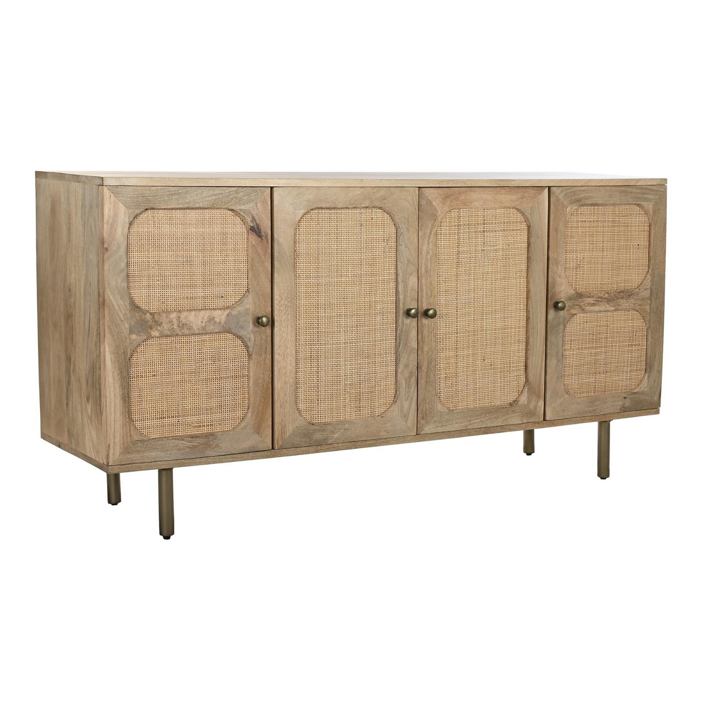 Este encantador buffet combina a la perfección la calidez de la madera de mango natural con la textura artesanal del ratán, creando un mueble de estilo boho chic lleno de personalidad. Sus tres puertas con detalles de ratán aportan un toque exótico y natural, mientras que su estructura de madera maciza garantiza durabilidad y resistencia. Con un amplio espacio de almacenamiento interior, es ideal para organizar vajillas, mantelería u otros objetos en el comedor, salón o recibidor.