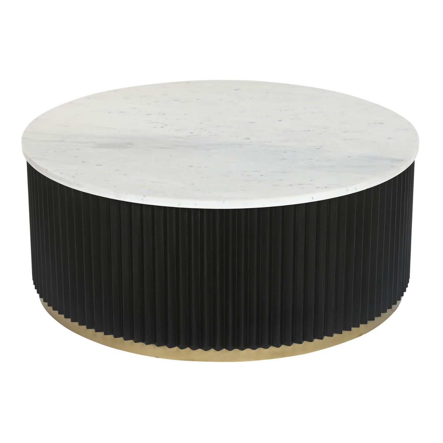 Esta mesa de centro combina la sofisticación del mármol blanco con la modernidad del metal negro en un diseño único y llamativo. Su base cilíndrica acanalada en metal negro aporta un toque de elegancia y textura, mientras que el tablero circular de mármol blanco ofrece una superficie resistente y fácil de limpiar. El detalle dorado en la base añade un toque de lujo y glamour. Ideal para añadir un punto focal de estilo a tu salón o sala de estar.