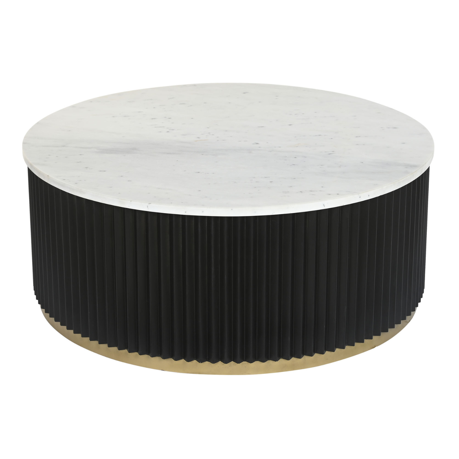 Esta mesa de centro combina la sofisticación del mármol blanco con la modernidad del metal negro en un diseño único y llamativo. Su base cilíndrica acanalada en metal negro aporta un toque de elegancia y textura, mientras que el tablero circular de mármol blanco ofrece una superficie resistente y fácil de limpiar. El detalle dorado en la base añade un toque de lujo y glamour. Ideal para añadir un punto focal de estilo a tu salón o sala de estar.