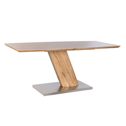 Esta mesa de comedor rectangular combina la calidez de la madera con la modernidad del acero inoxidable, creando un ambiente acogedor y sofisticado en tu hogar. Su tablero de MDF con acabado en marrón natural aporta un toque rústico y elegante, mientras que su original base de acero inoxidable en forma de "T" le da un aire contemporáneo y dinámico. Con unas dimensiones de 180x80x76 cm, esta mesa ofrece un amplio espacio para disfrutar de comidas en familia o con amigos.

