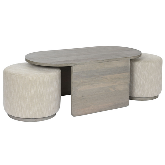 Este conjunto de mesa de centro con dos pufs combina funcionalidad y estilo en un diseño moderno y versátil. La mesa, fabricada en madera de mango de alta calidad, presenta un acabado gris elegante que se adapta a cualquier decoración. Los dos pufs tapizados en poliéster gris ofrecen asientos adicionales o reposapiés, y se pueden guardar cómodamente debajo de la mesa cuando no se usan. Este conjunto es perfecto para optimizar el espacio en tu salón, brindando un lugar para reuniones informales, disfrutar de