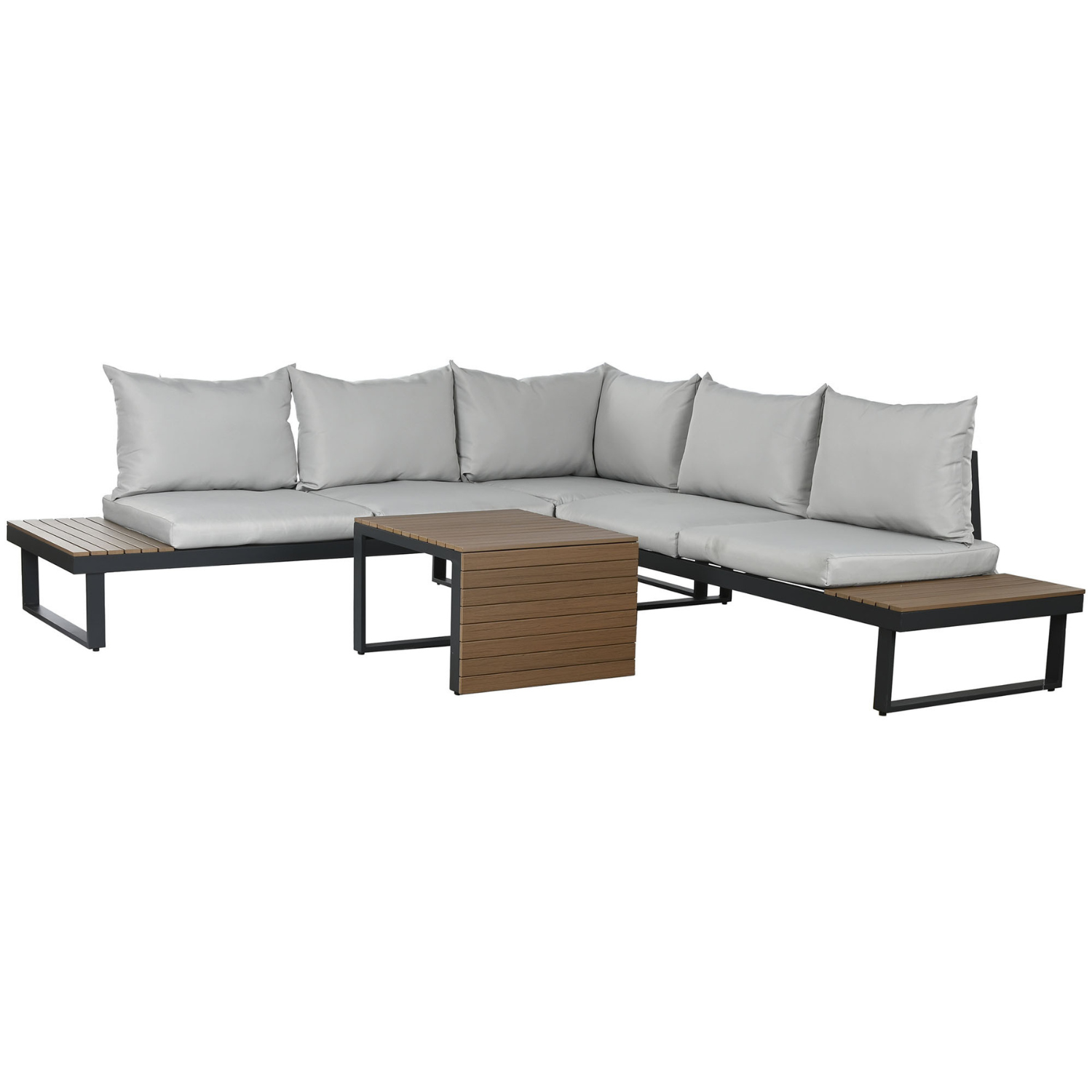 Disfruta del máximo confort y estilo en tu espacio exterior con este elegante conjunto de sofá modular de 4 piezas. Su diseño contemporáneo en aluminio resistente y color gris aporta un toque de modernidad y sofisticación a tu terraza o jardín. Los amplios cojines en color gris, confeccionados con poliéster resistente a la intemperie, te invitan a relajarte y disfrutar de largas tardes de verano. El conjunto incluye dos módulos de sofá esquineros, dos mesas auxiliares y una mesa de centro a juego, ofreciend