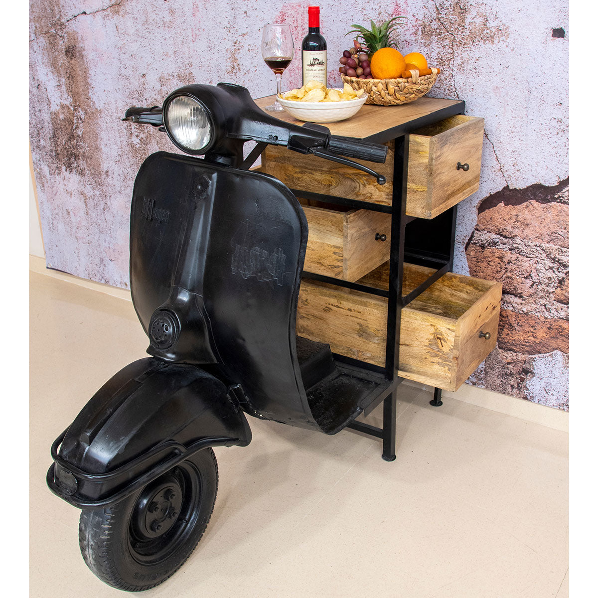 Barra bar scooter de hierro y madera de mango 120x70x103 cm Danon