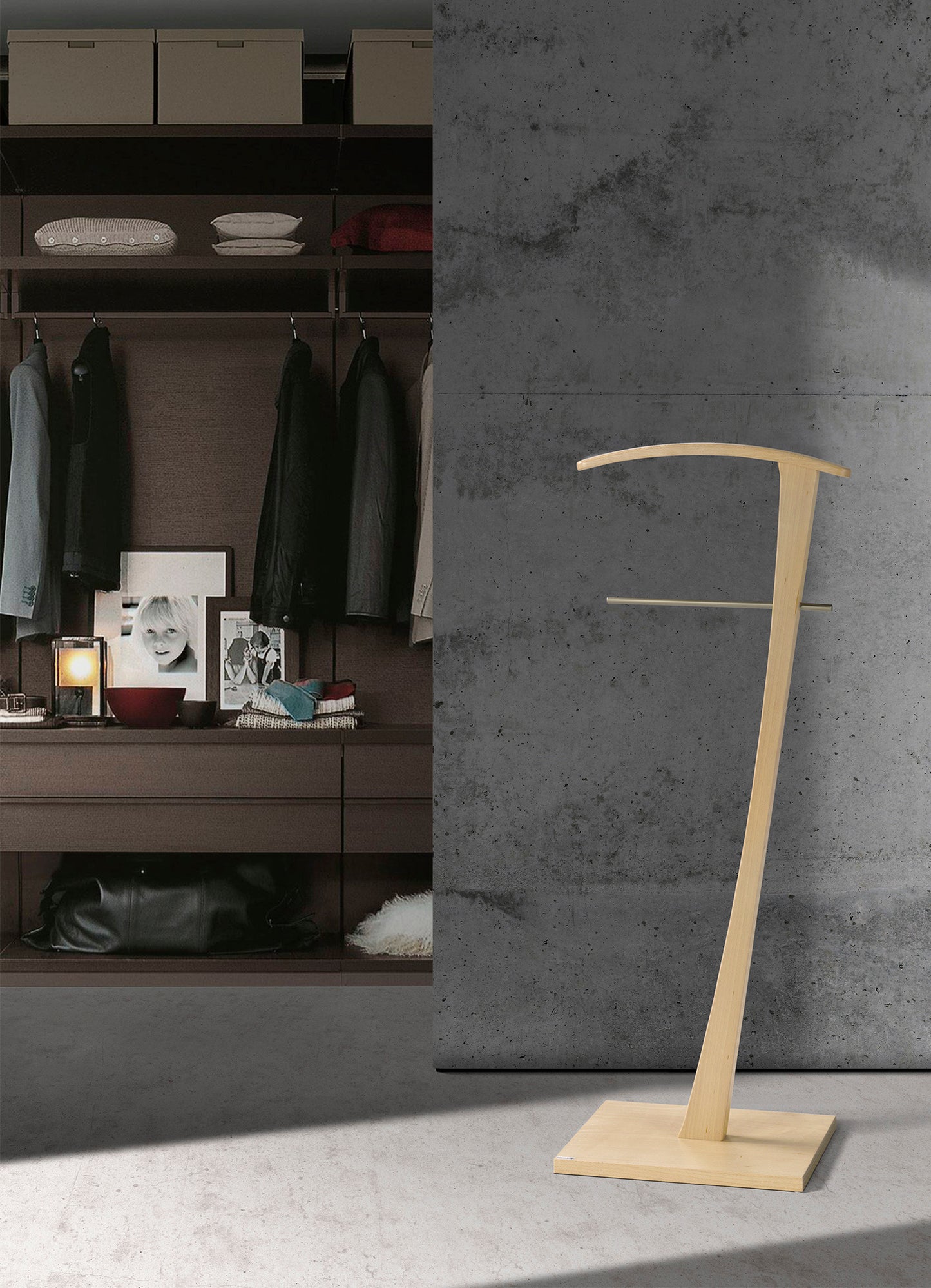 galán de noche, madera de haya, metal cromado, diseño elegante, organizador de ropa, dormitorio, maussa, funcional, moderno