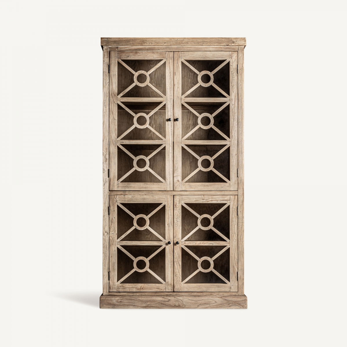 Vitrina de madera de olmo marrón con 4 puertas y 3 estantes. Ideal para exhibir objetos decorativos.