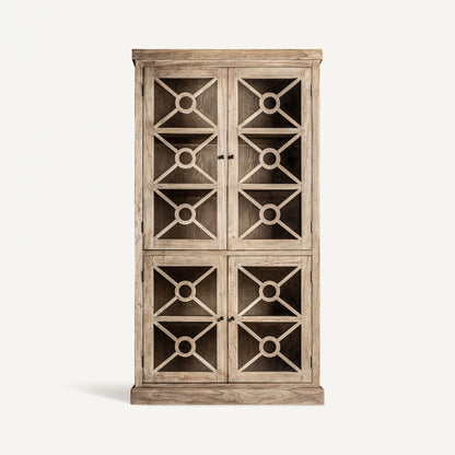 Vitrina de madera de olmo marrón con 4 puertas y 3 estantes. Ideal para exhibir objetos decorativos.