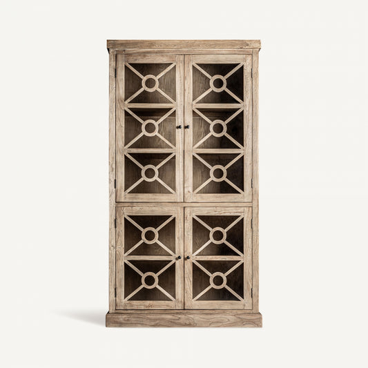 Vitrina de madera de olmo marrón con 4 puertas y 3 estantes. Ideal para exhibir objetos decorativos.