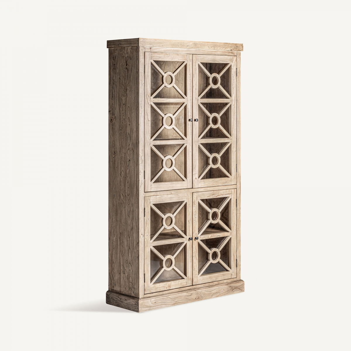 Vitrina de madera de olmo marrón con 4 puertas y 3 estantes. Ideal para exhibir objetos decorativos.