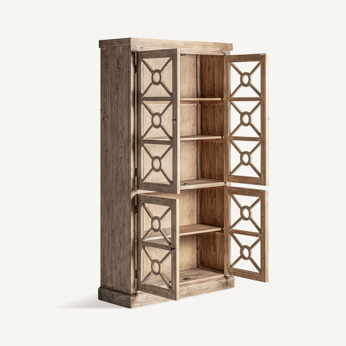 Vitrina de madera de olmo marrón con 4 puertas y 3 estantes. Ideal para exhibir objetos decorativos.