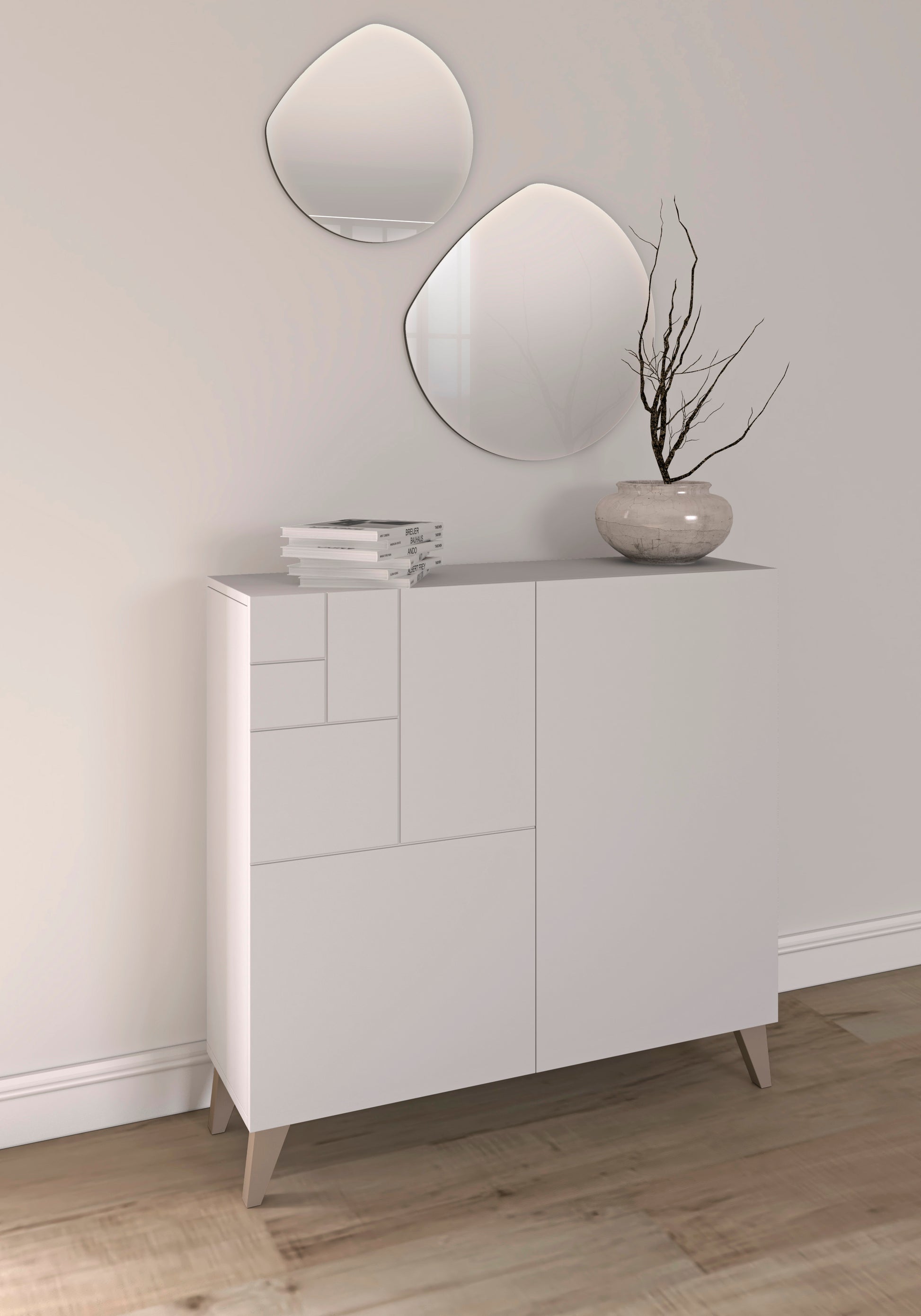 Mueble auxiliar blanco melamina con patas de madera color arena y espejo en pared 