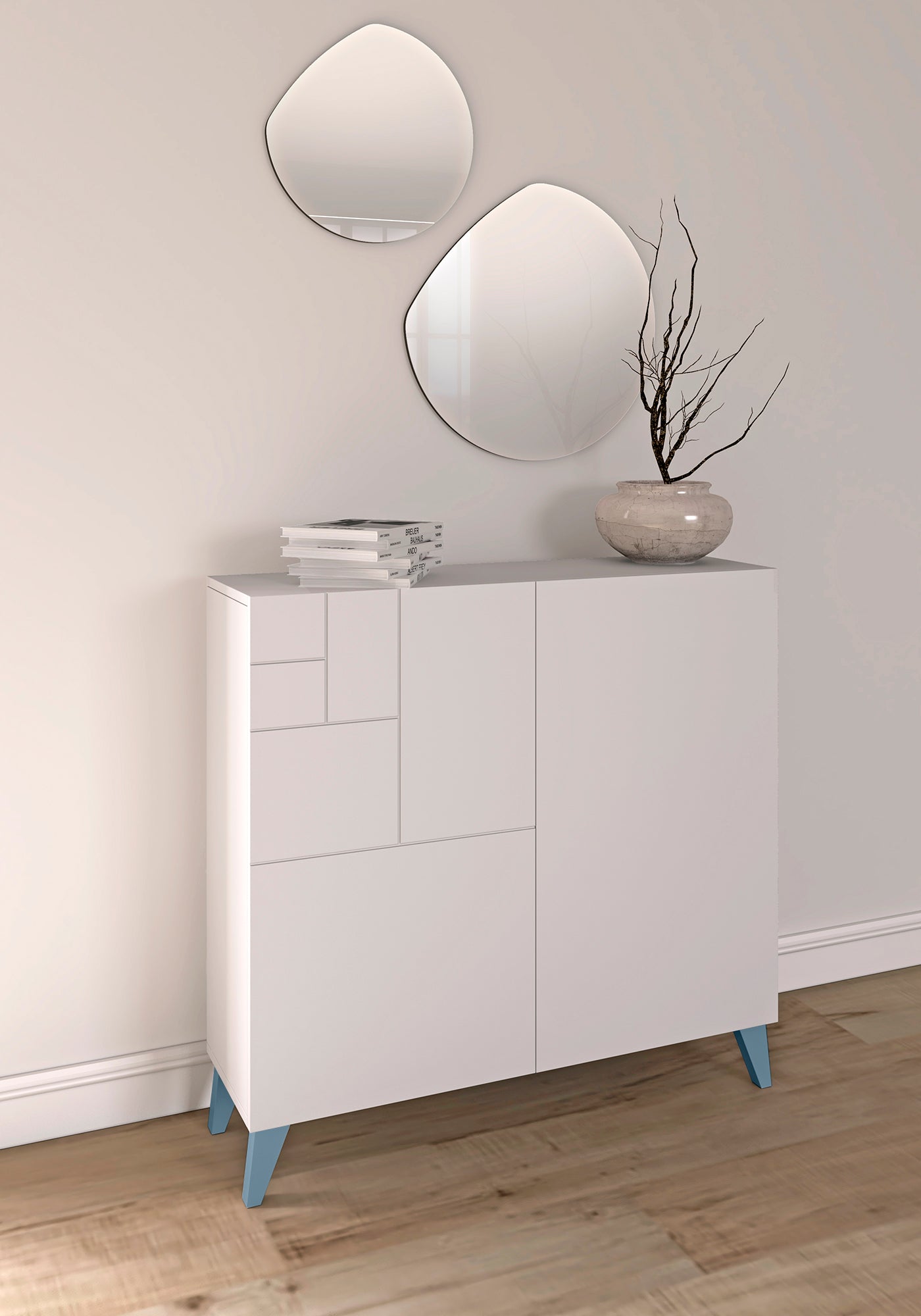 Mueble auxiliar blanco melamina con patas color azul  de madera y espejo en pared