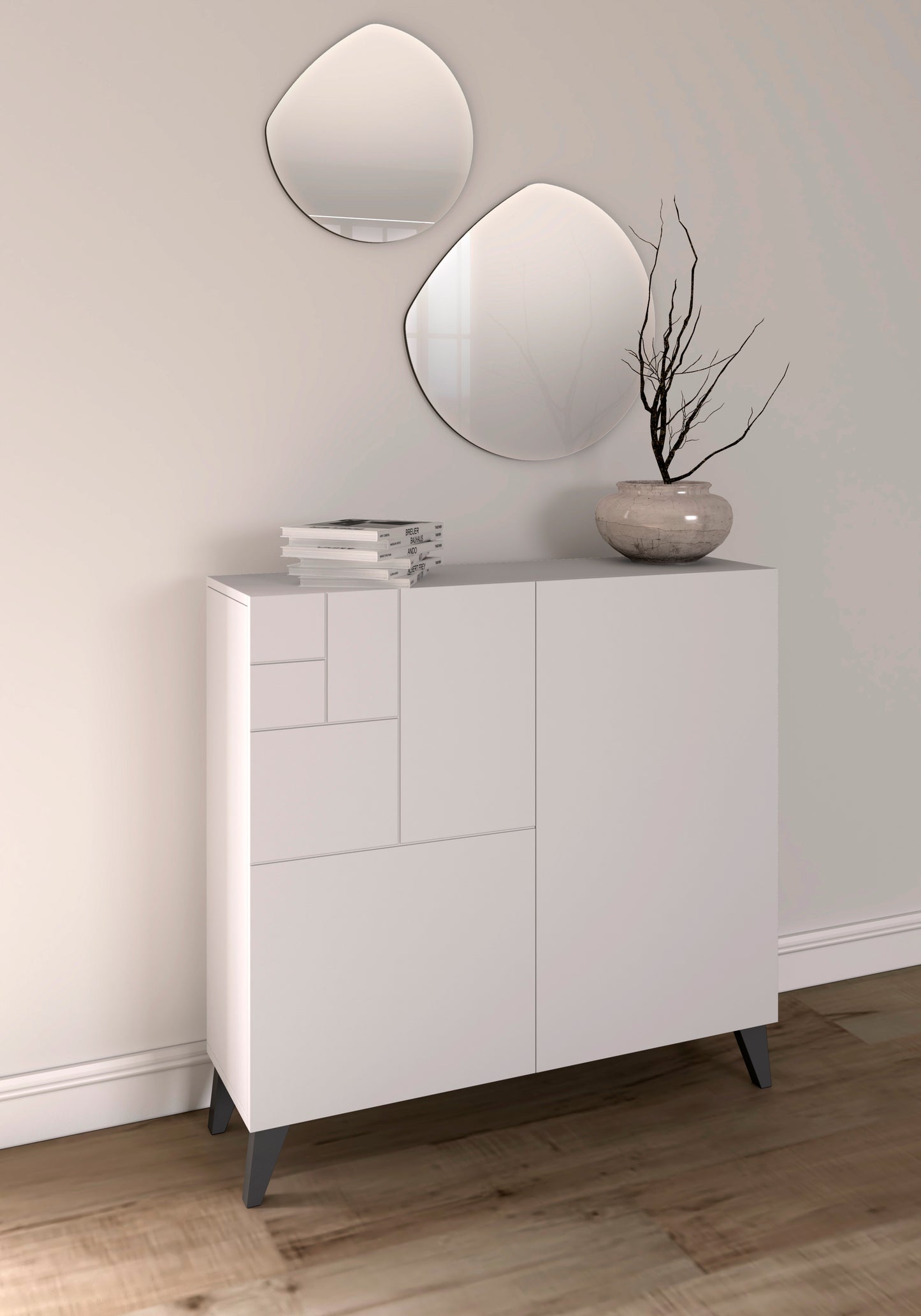 Mueble auxiliar blanco melamina con patas de madera y espejo en pared grafito

