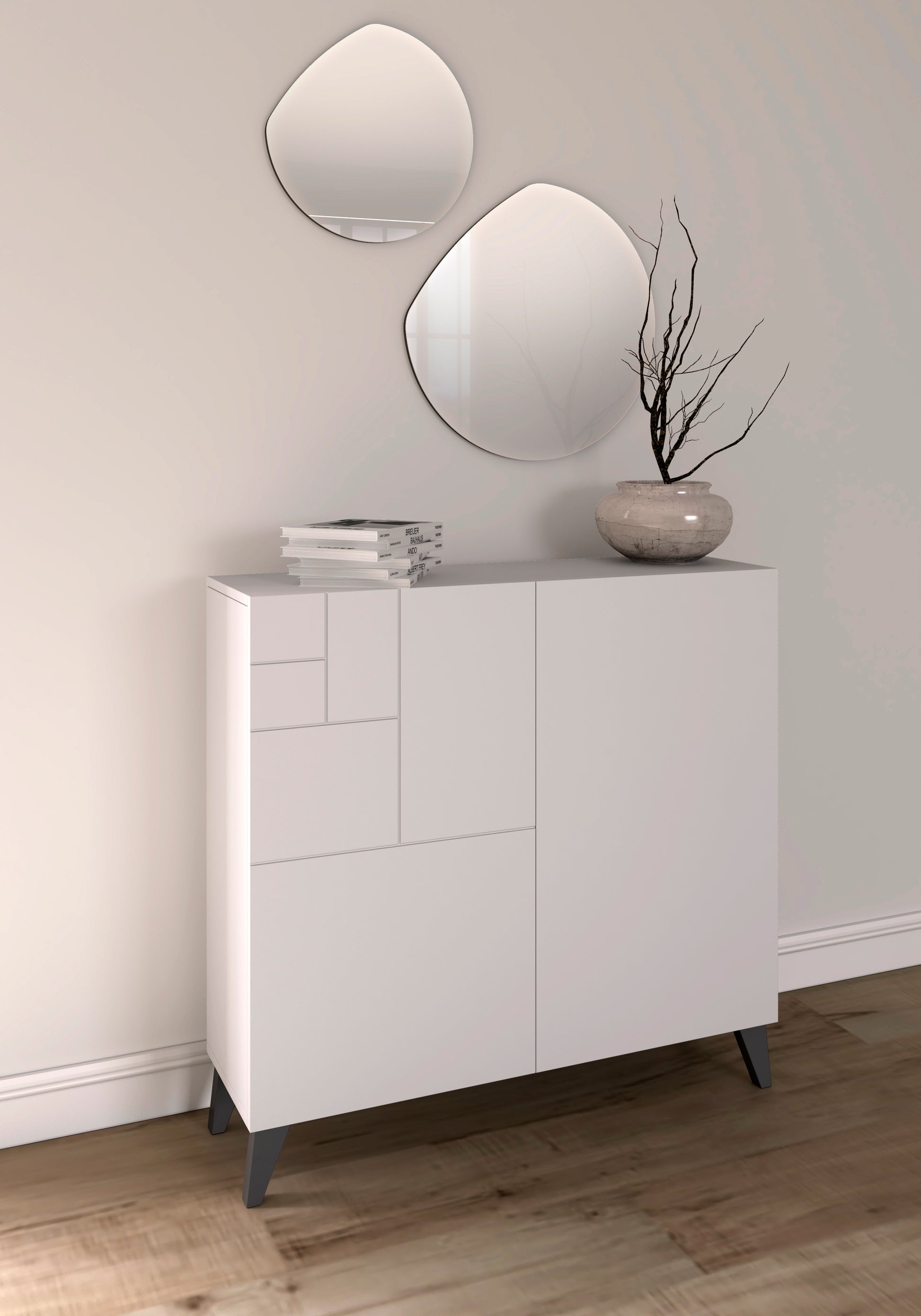 Mueble auxiliar blanco melamina con patas de madera y espejo en pared grafito
