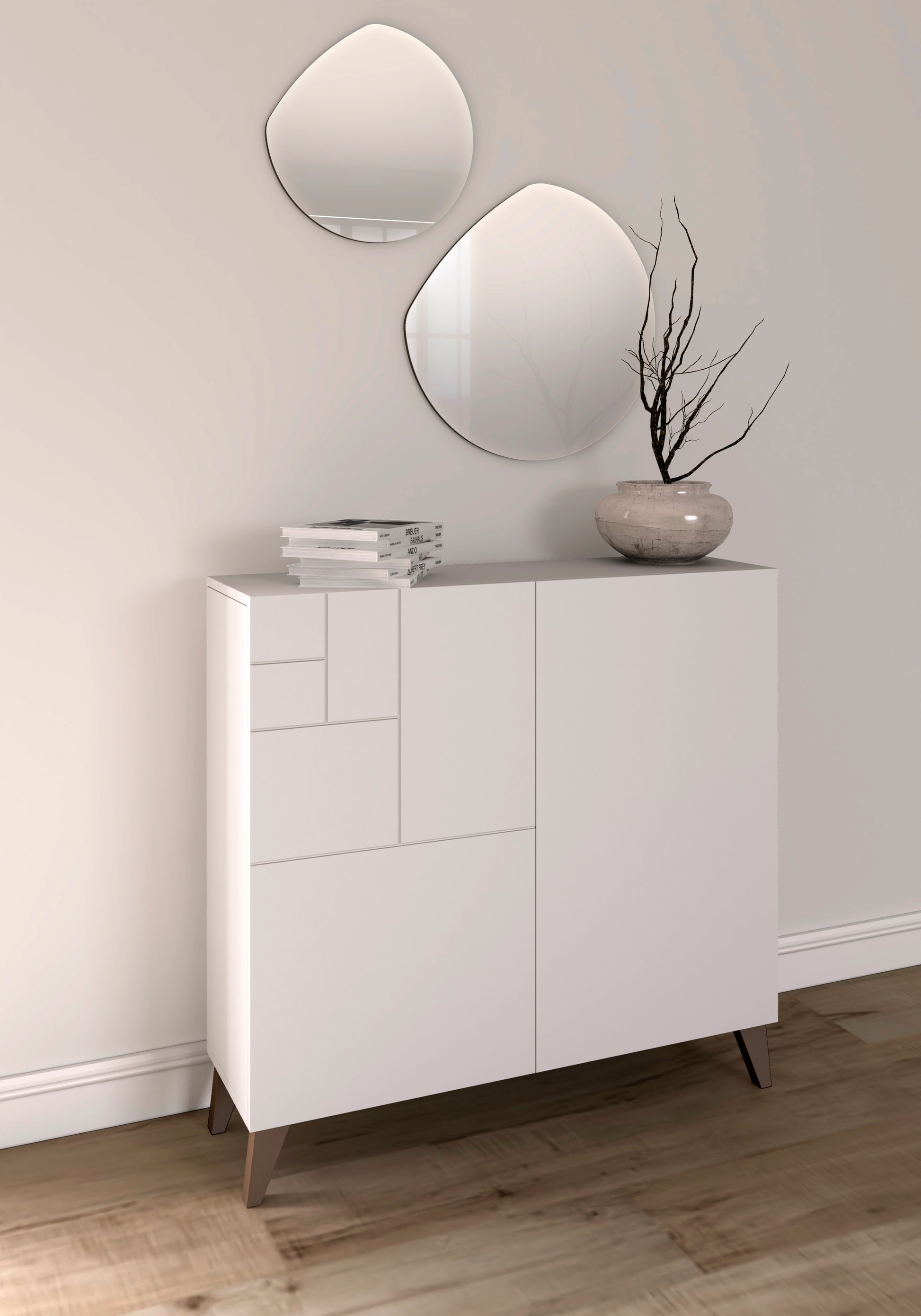 Mueble auxiliar blanco melamina con patas de madera y espejo en pared moka