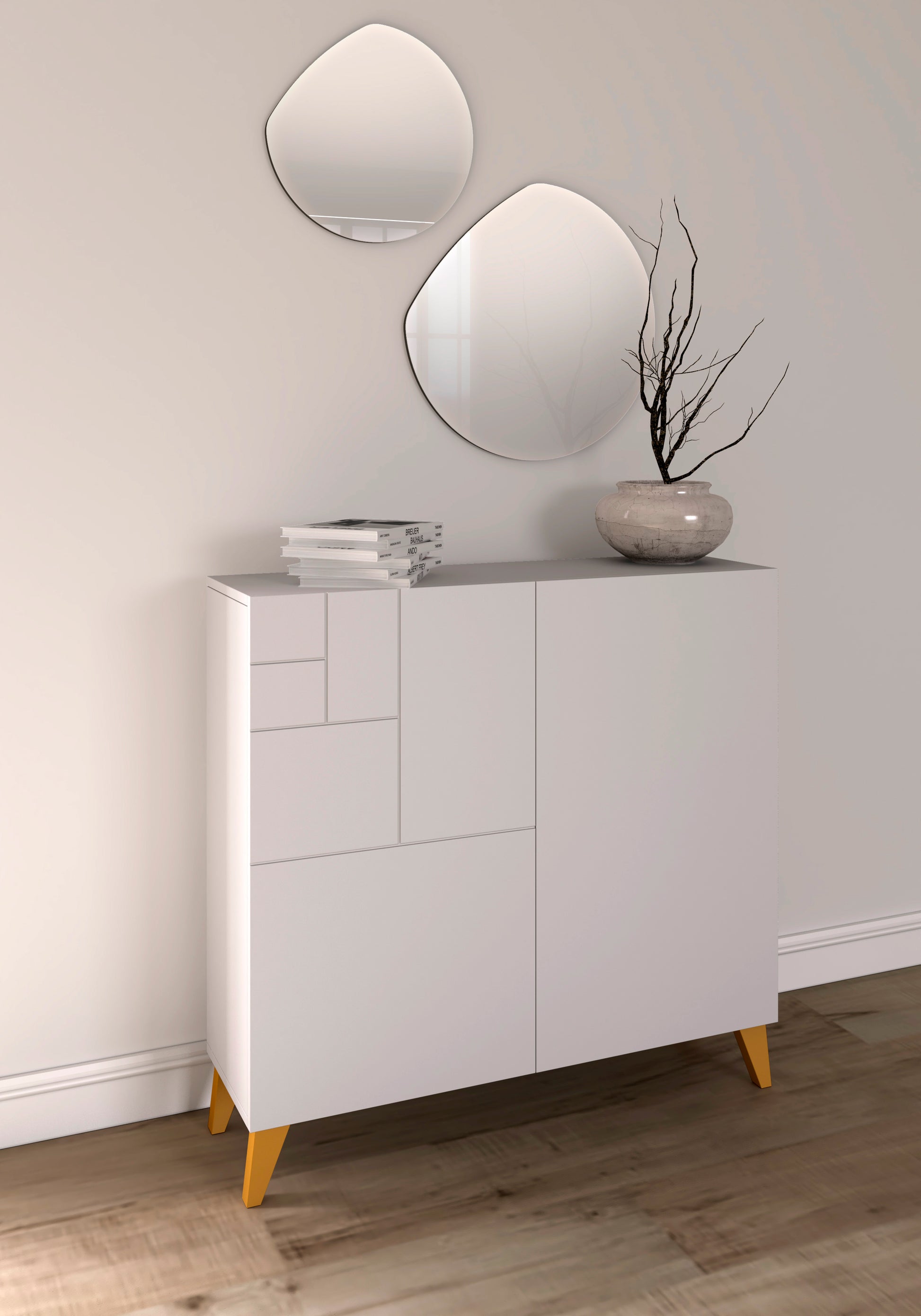 Mueble auxiliar blanco melamina con patas de madera y espejo en pared mostaza