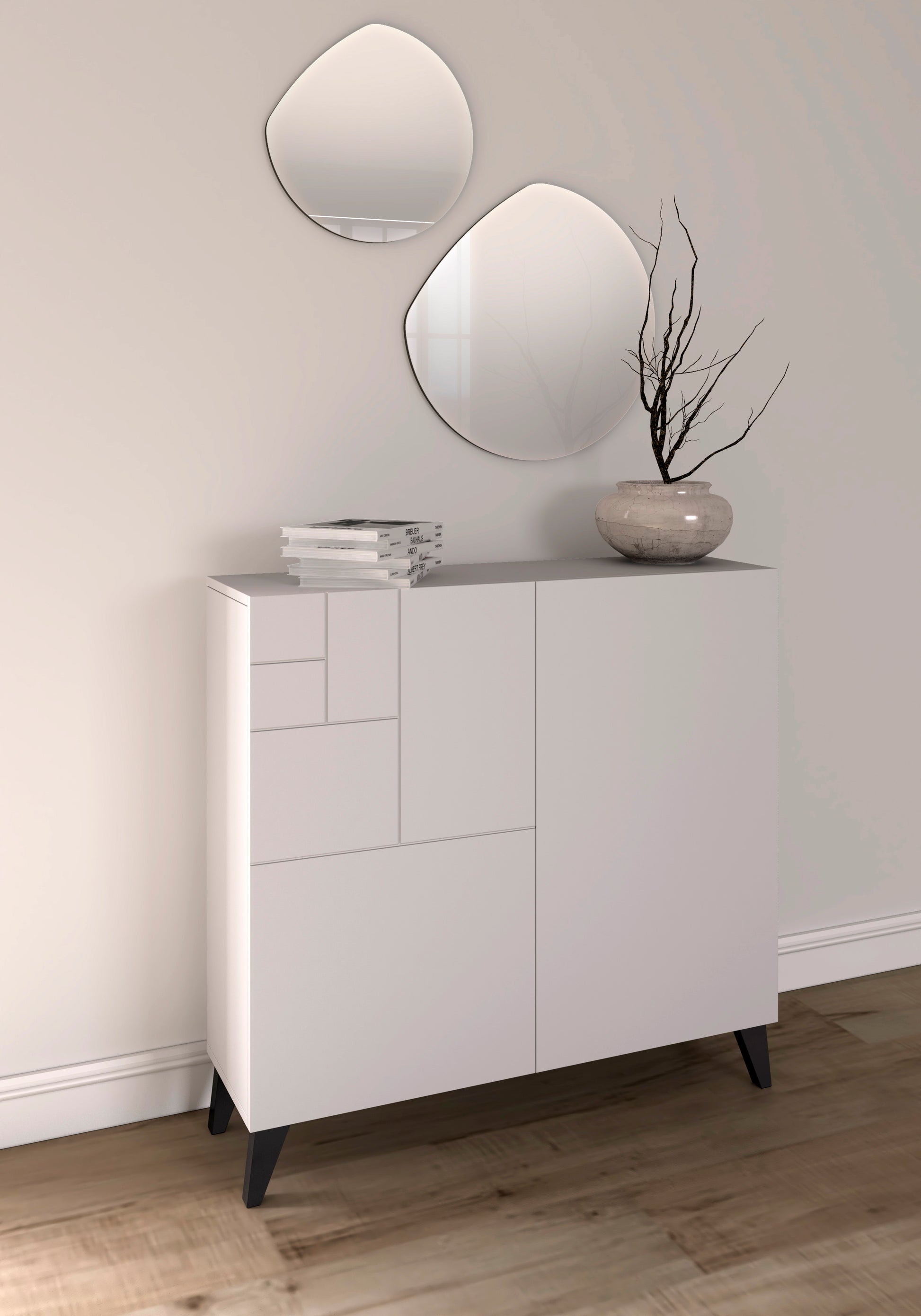 Mueble auxiliar blanco melamina con patas de madera y espejo en pared negro