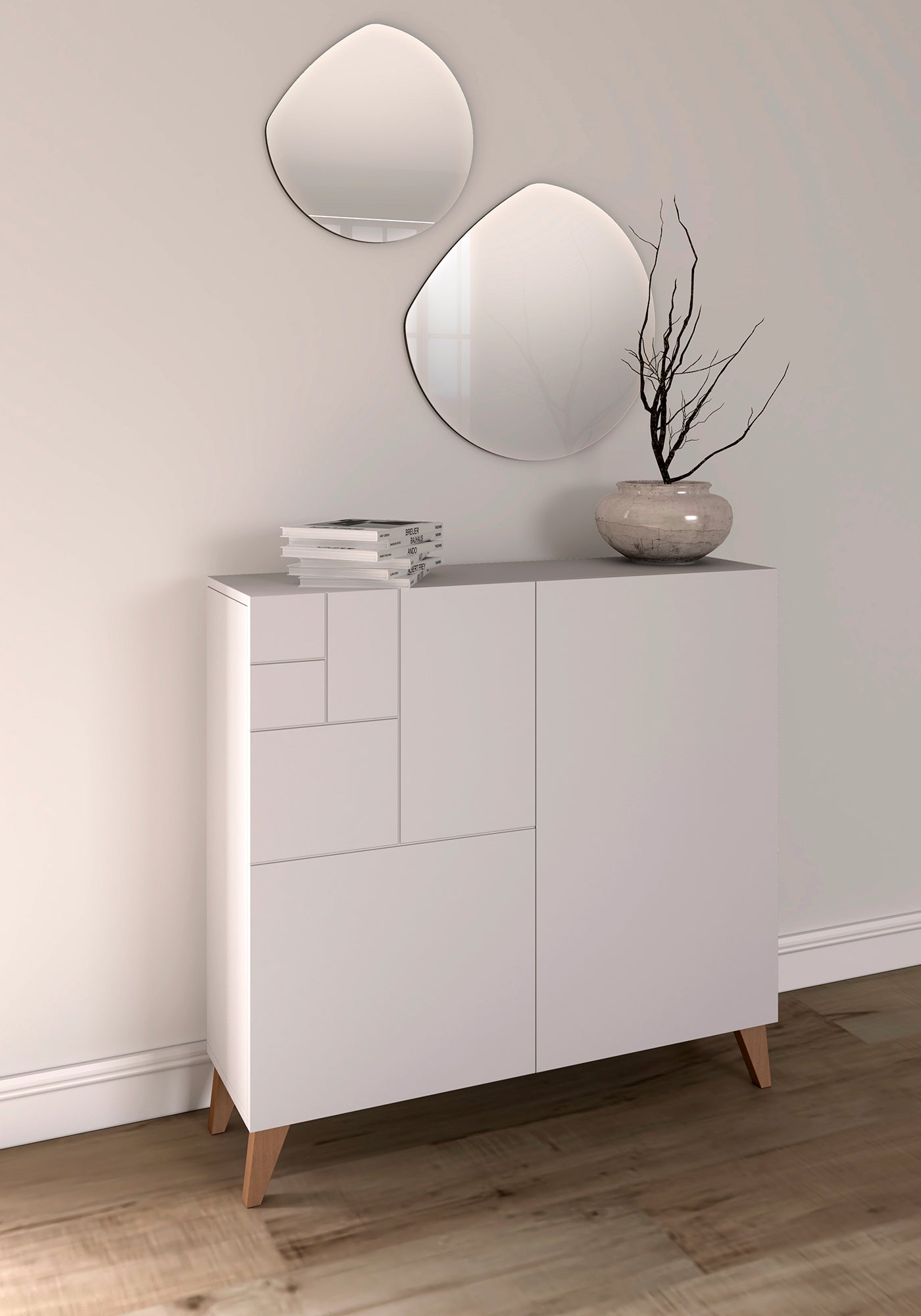 Mueble auxiliar blanco melamina con patas de madera y espejo en pared nogal