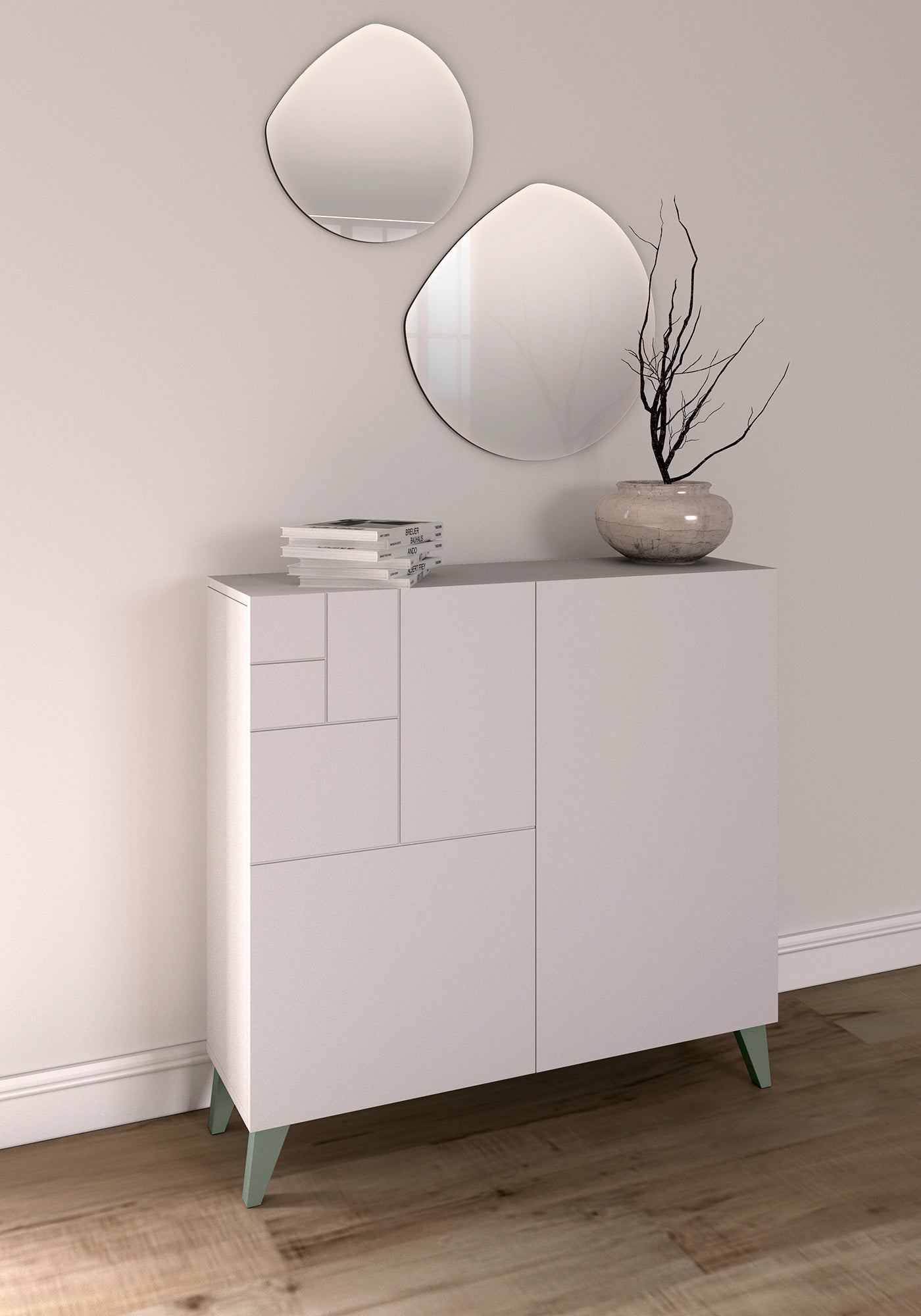 Mueble auxiliar blanco melamina con patas de madera y espejo en pared verde
