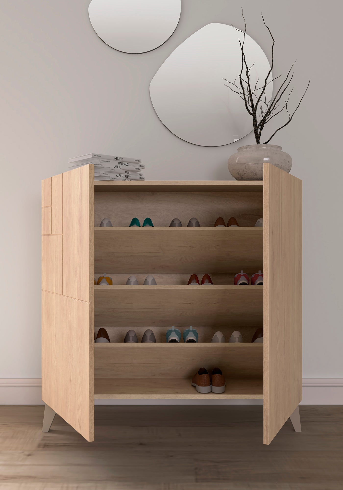 Zapatero multifunción melamina 90x27x87 cm Roble | Patas en varios colores