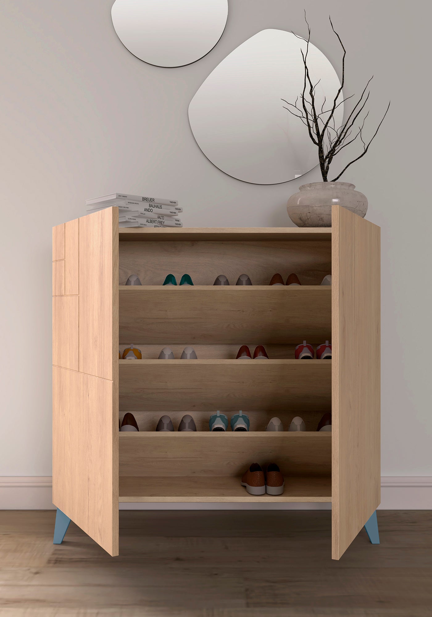 Zapatero multifunción melamina 90x27x87 cm Roble | Patas en varios colores