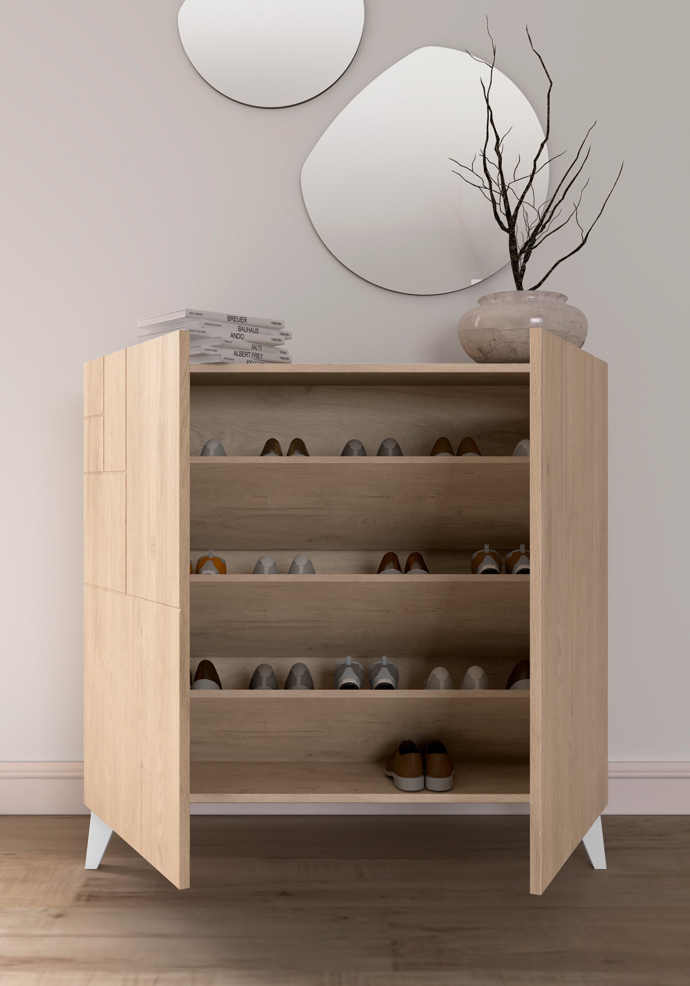 Zapatero multifunción melamina 90x27x87 cm Roble | Patas en varios colores
