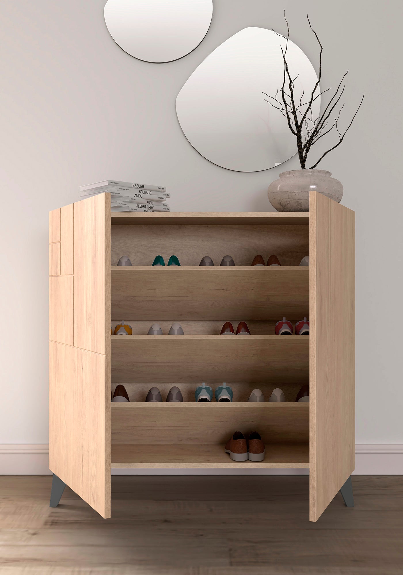 Zapatero multifunción melamina 90x27x87 cm Roble | Patas en varios colores