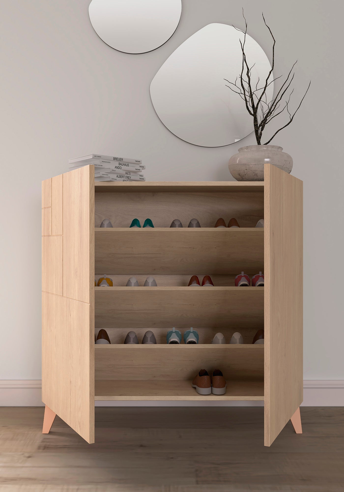 Zapatero multifunción melamina 90x27x87 cm Roble | Patas en varios colores