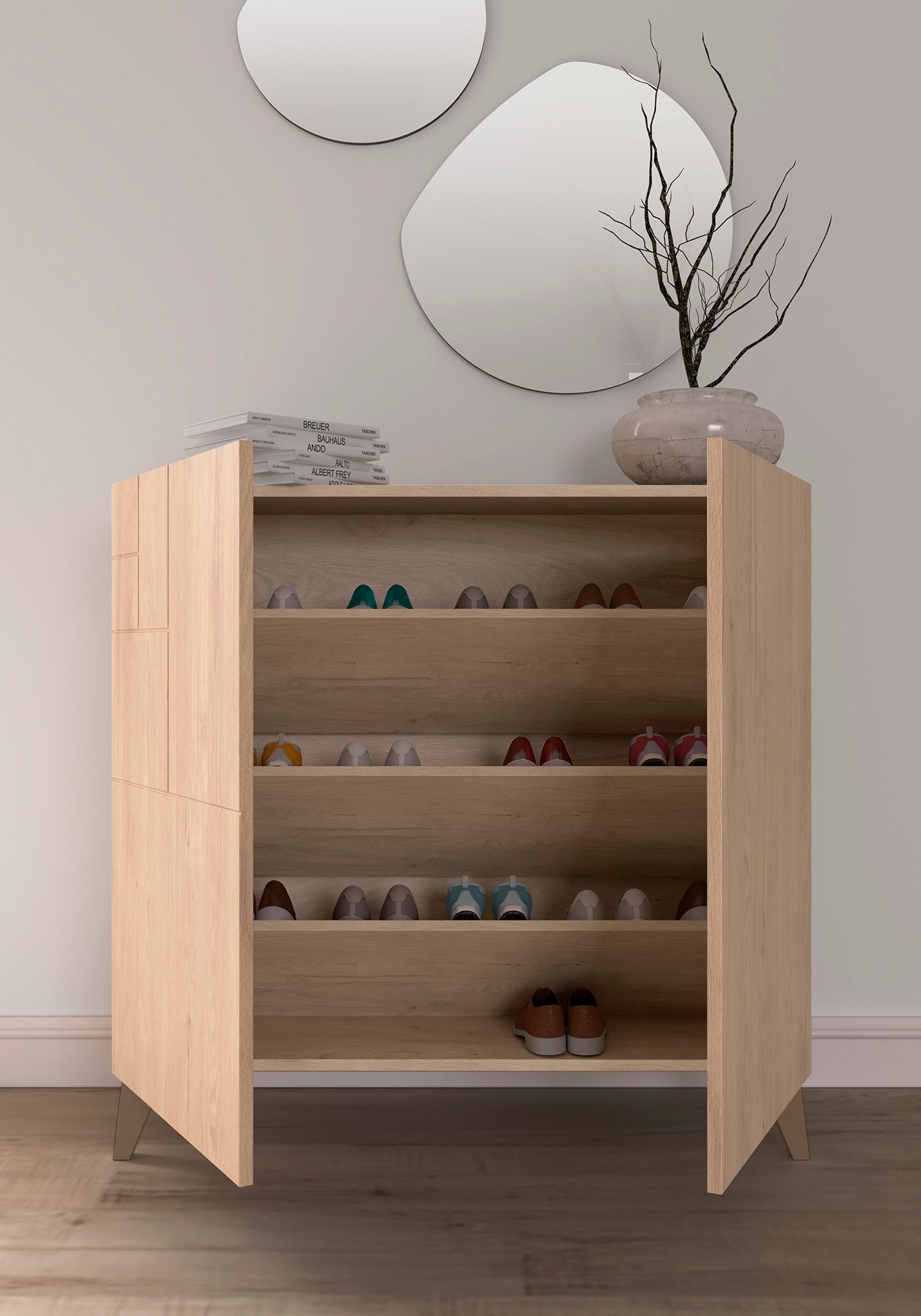 Zapatero multifunción melamina 90x27x87 cm Roble | Patas en varios colores