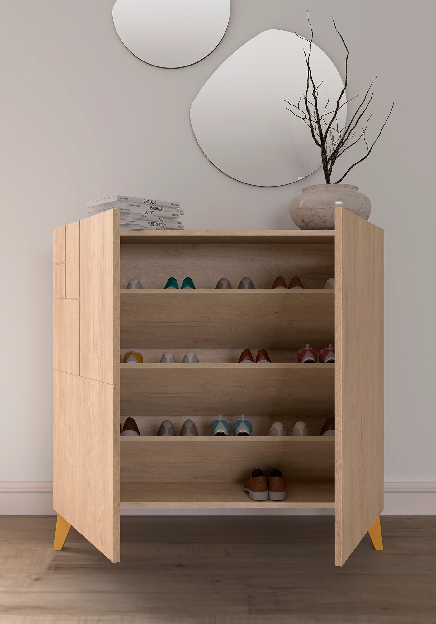 Zapatero multifunción melamina 90x27x87 cm Roble | Patas en varios colores