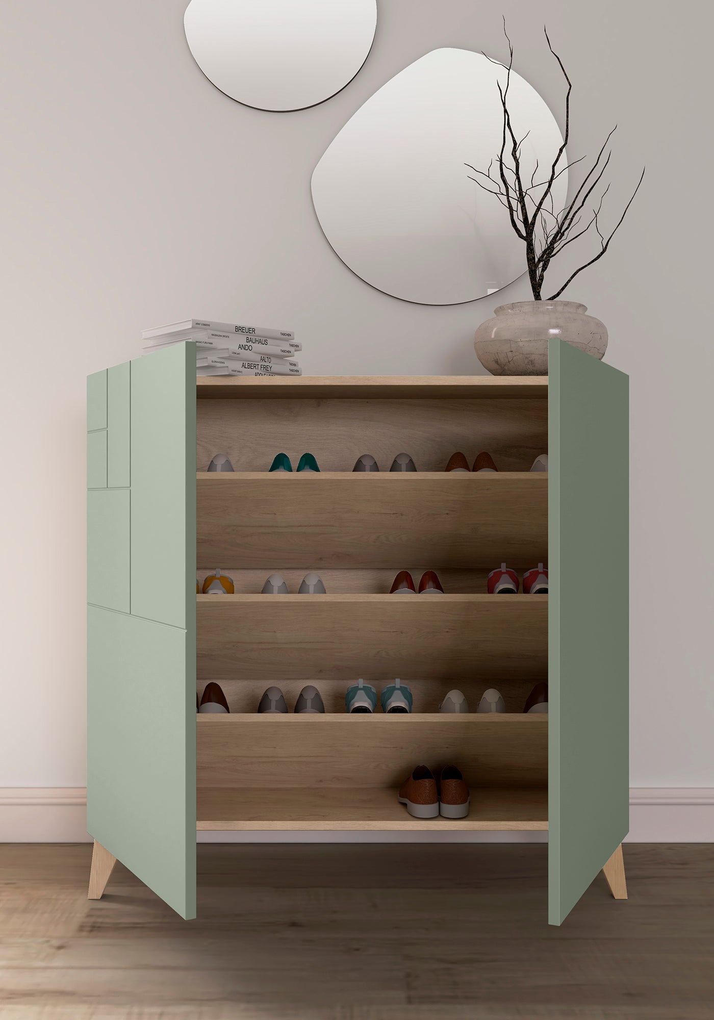 Beech wood and melamine shoe rack 90x27x90 cm León 