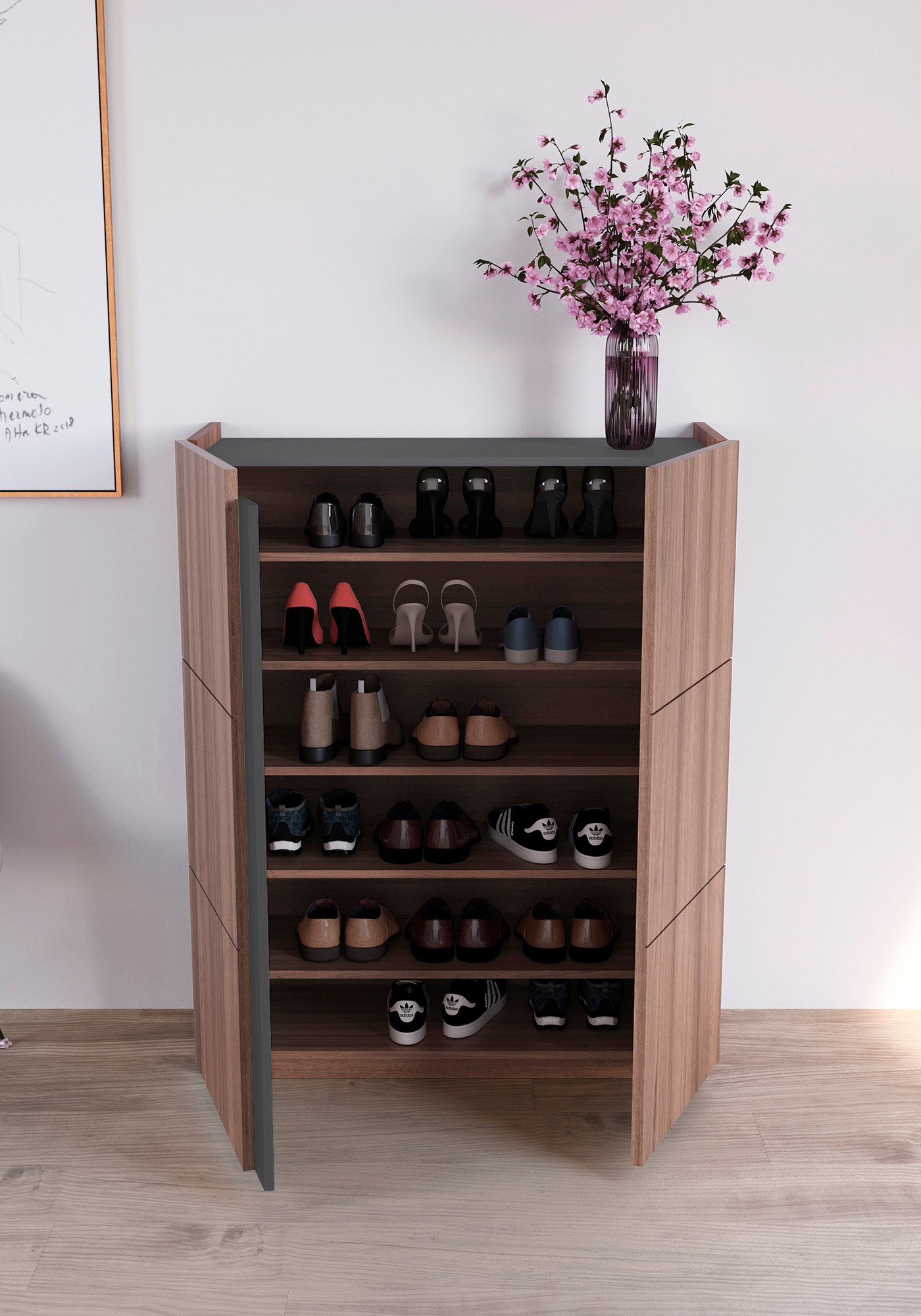 Shoe rack made of beech wood and melamine 95x35x122 cm Lorenzo