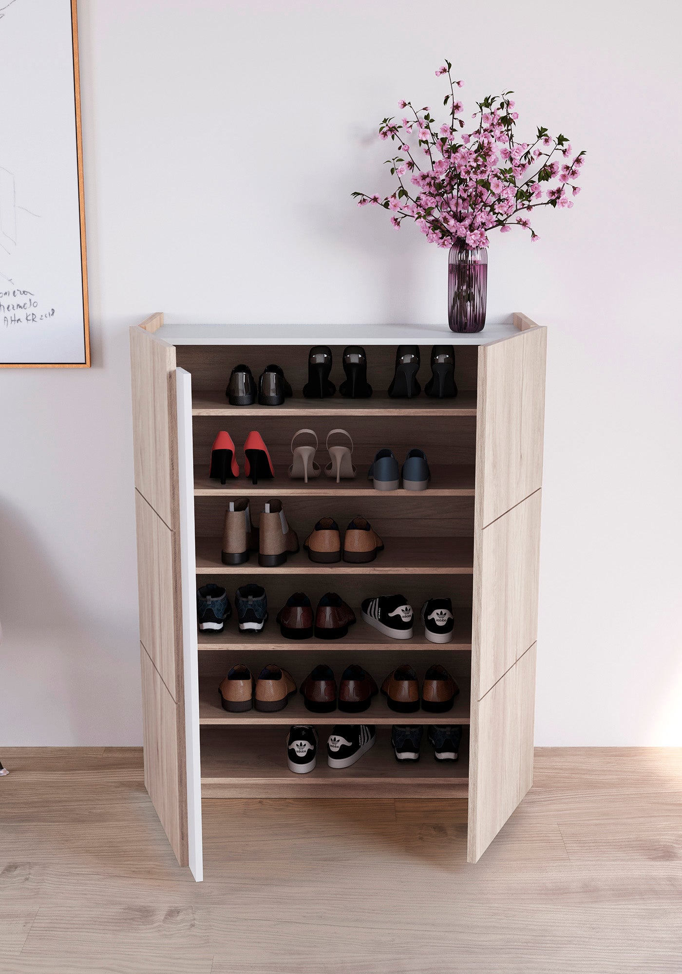 Shoe rack made of beech wood and melamine 95x35x122 cm Lorenzo