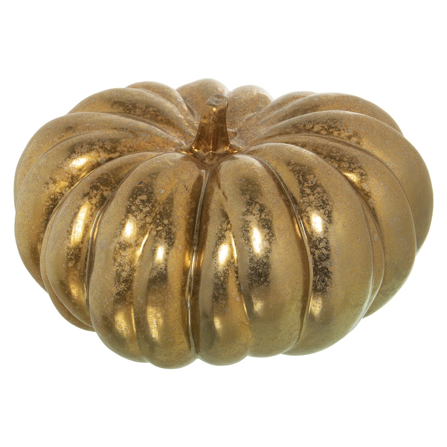 Dale un toque de brillo y elegancia a tu hogar con esta figura de calabaza en cerámica dorada. Con un acabado metálico que irradia calidez, esta pieza decorativa está disponible en dos tamaños: Ø24x15cm y Ø35x18cm. Ideal para decorar tu hogar durante el otoño, Halloween o para añadir un toque sofisticado a tu decoración durante todo el año.