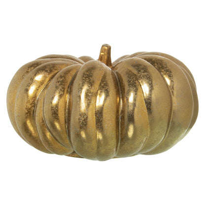 Dale un toque de brillo y elegancia a tu hogar con esta figura de calabaza en cerámica dorada. Con un acabado metálico que irradia calidez, esta pieza decorativa está disponible en dos tamaños: Ø24x15cm y Ø35x18cm. Ideal para decorar tu hogar durante el otoño, Halloween o para añadir un toque sofisticado a tu decoración durante todo el año.