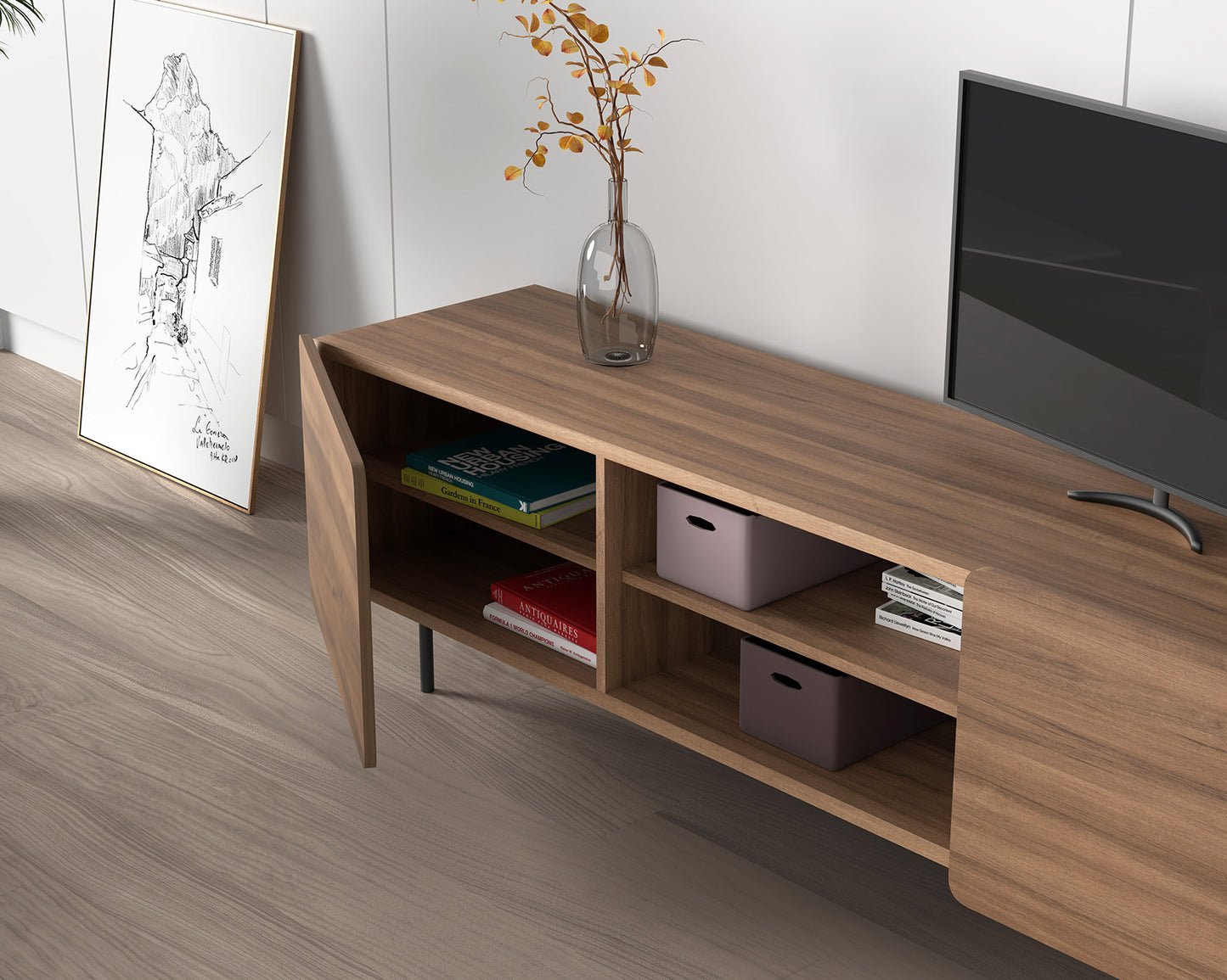 Beech wood and melamine TV cabinet 180x44x54 cm Milo