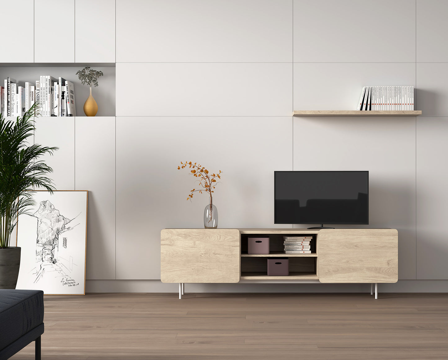 Beech wood and melamine TV cabinet 180x44x54 cm Milo