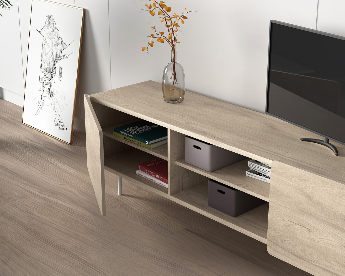 Beech wood and melamine TV cabinet 180x44x54 cm Milo