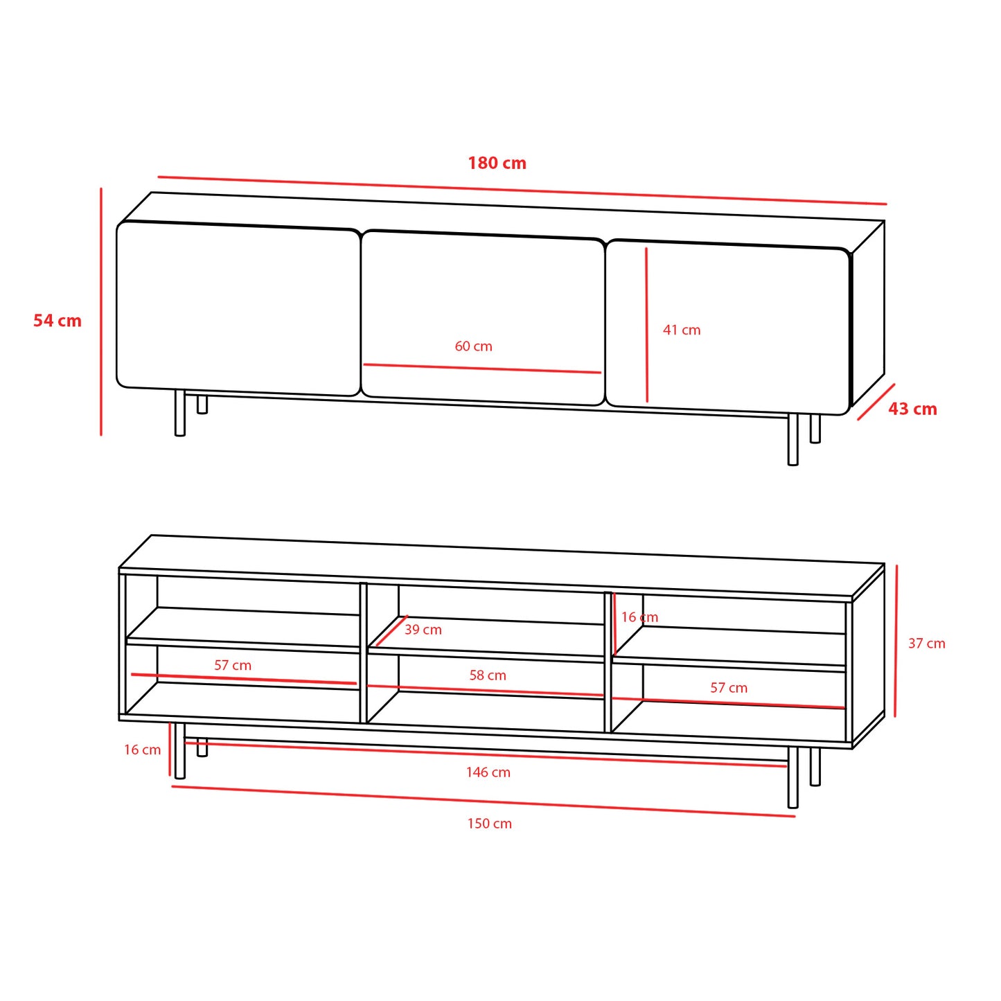 Beech wood and melamine TV cabinet 180x44x54 cm Nicolas