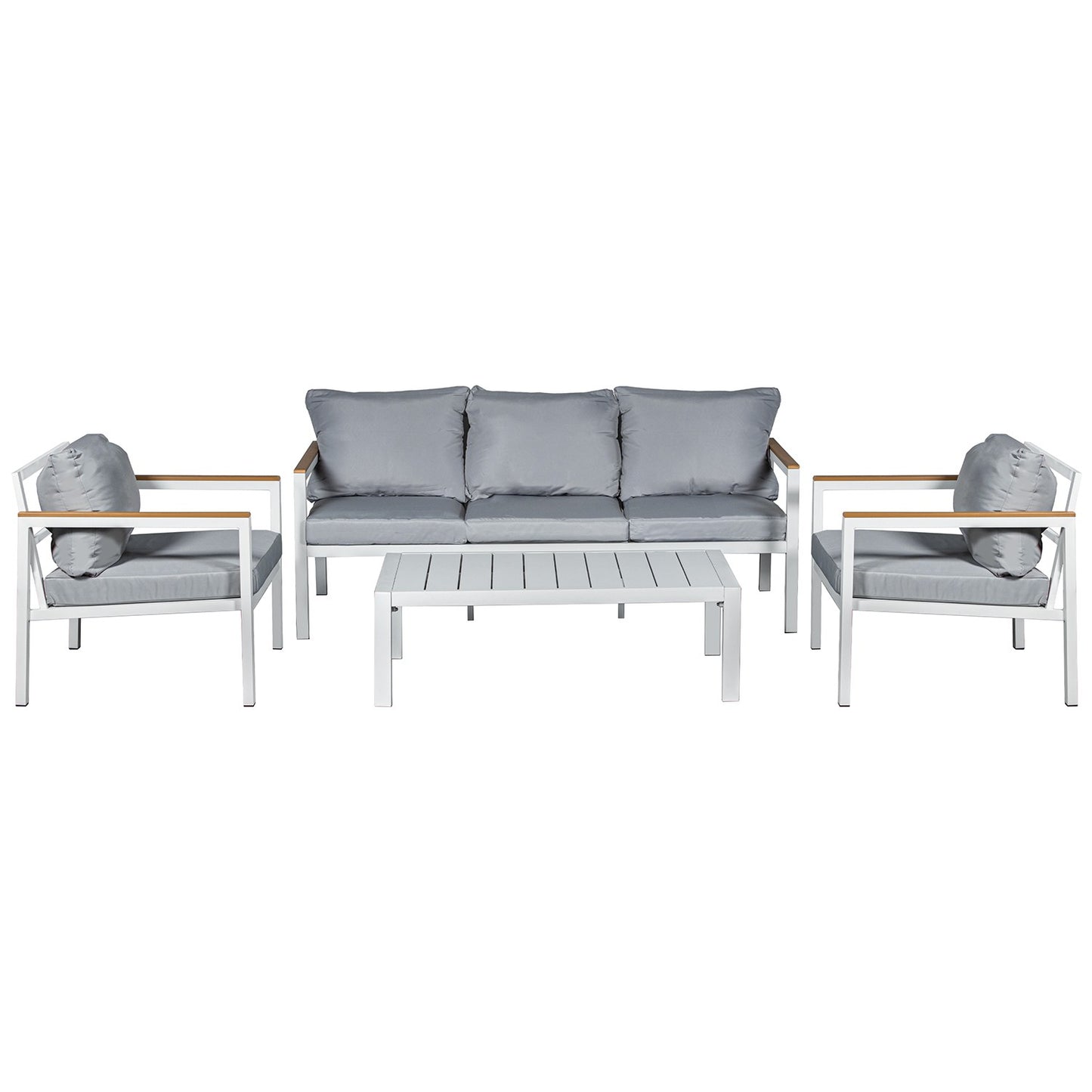 Set sofá 3 plazas 2 sillones mesa aluminio blanco cojines gris 173x74x70 cm