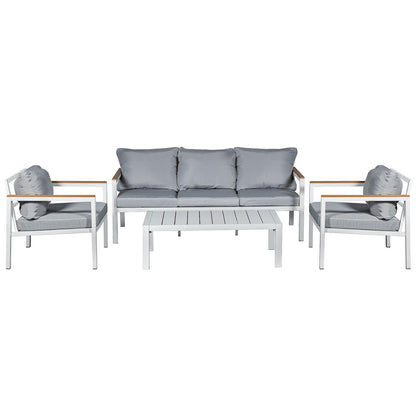 Set sofá 3 plazas 2 sillones mesa aluminio blanco cojines gris 173x74x70 cm