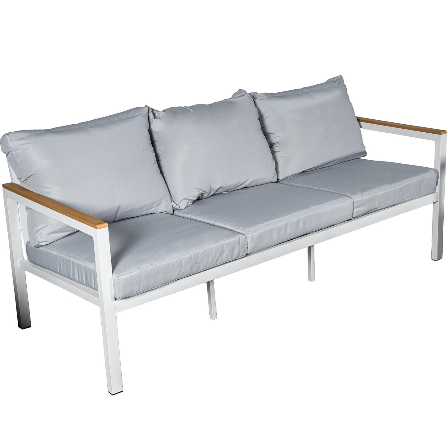 Set sofá 3 plazas 2 sillones mesa aluminio blanco cojines gris 173x74x70 cm