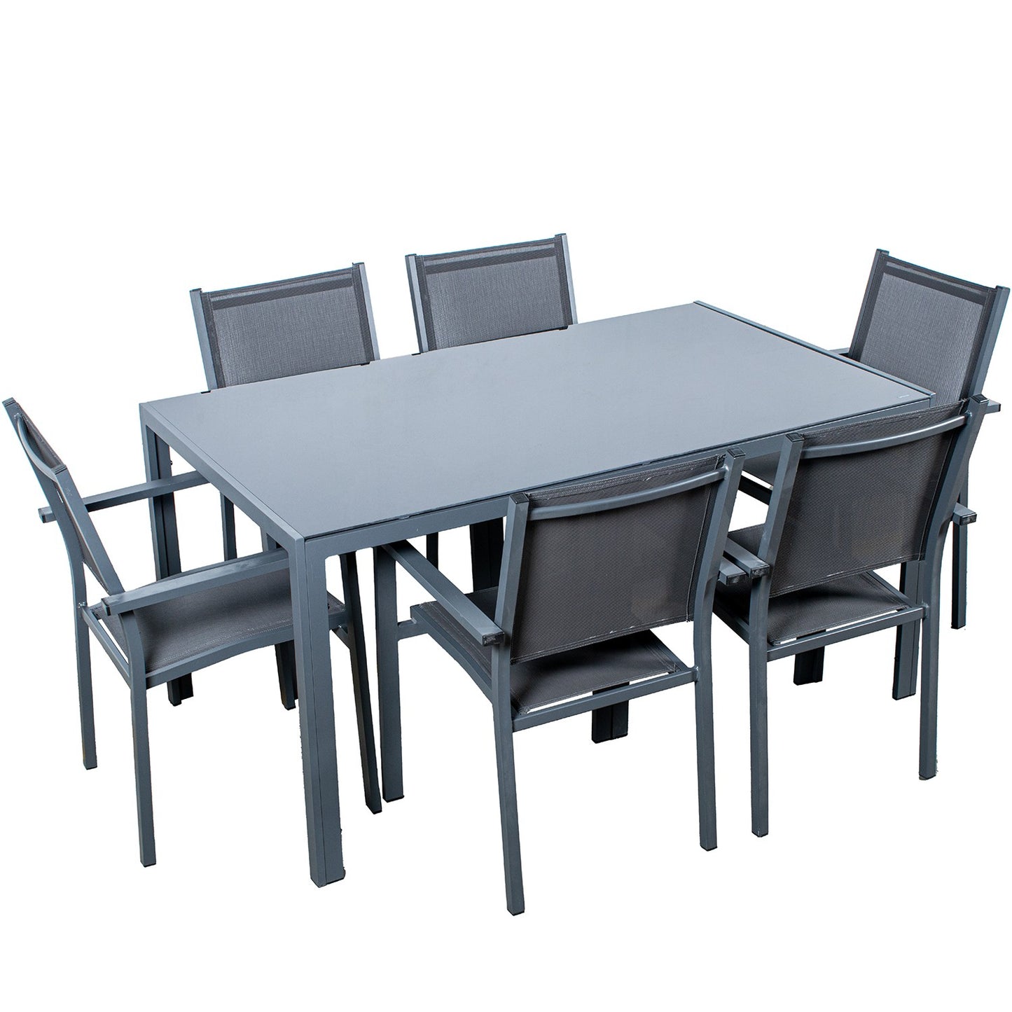 Set mesa comedor y 6 sillas aluminio y textileno 150x90x74 cm