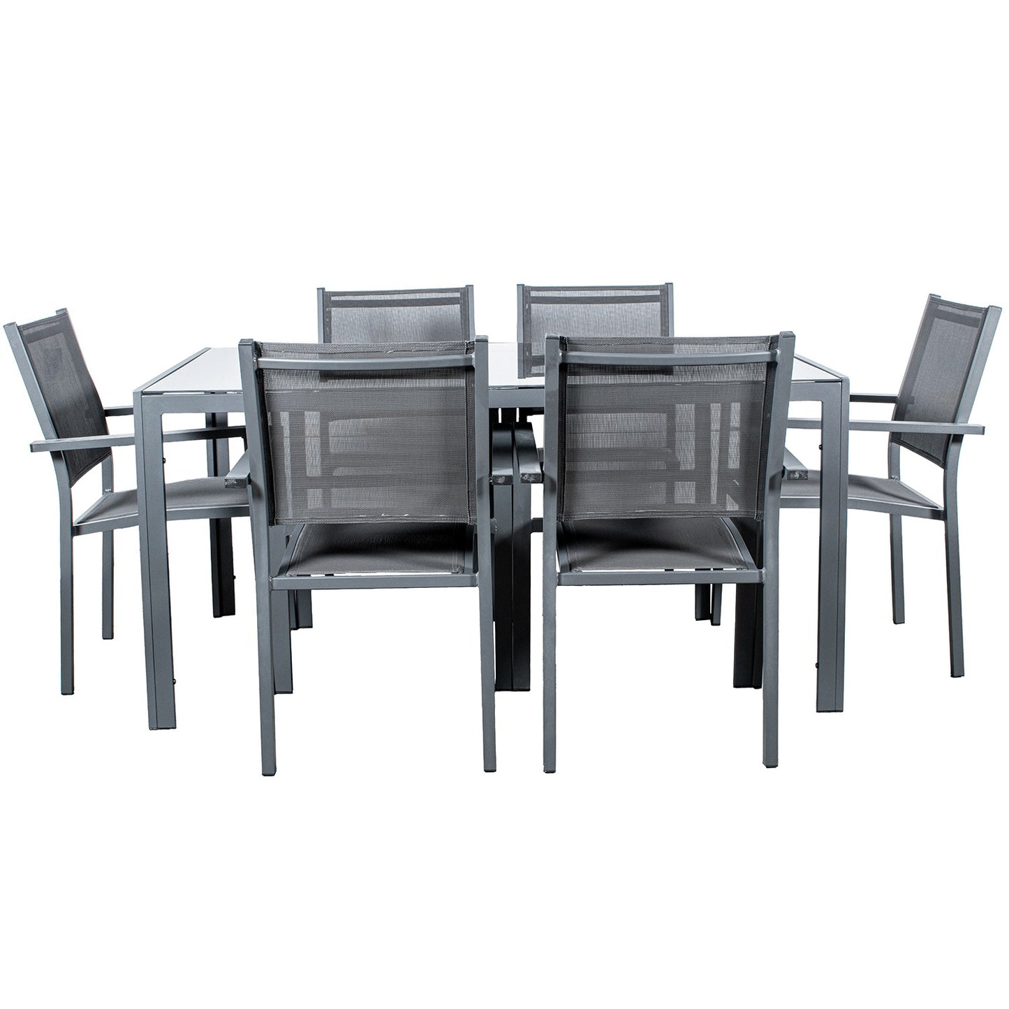 Set mesa comedor y 6 sillas aluminio y textileno 150x90x74 cm